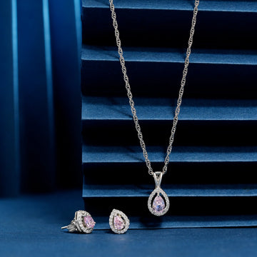 925 drop shape pink single stone with cz dimond p.set