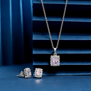 925 square light pink with cz stone chain p.set