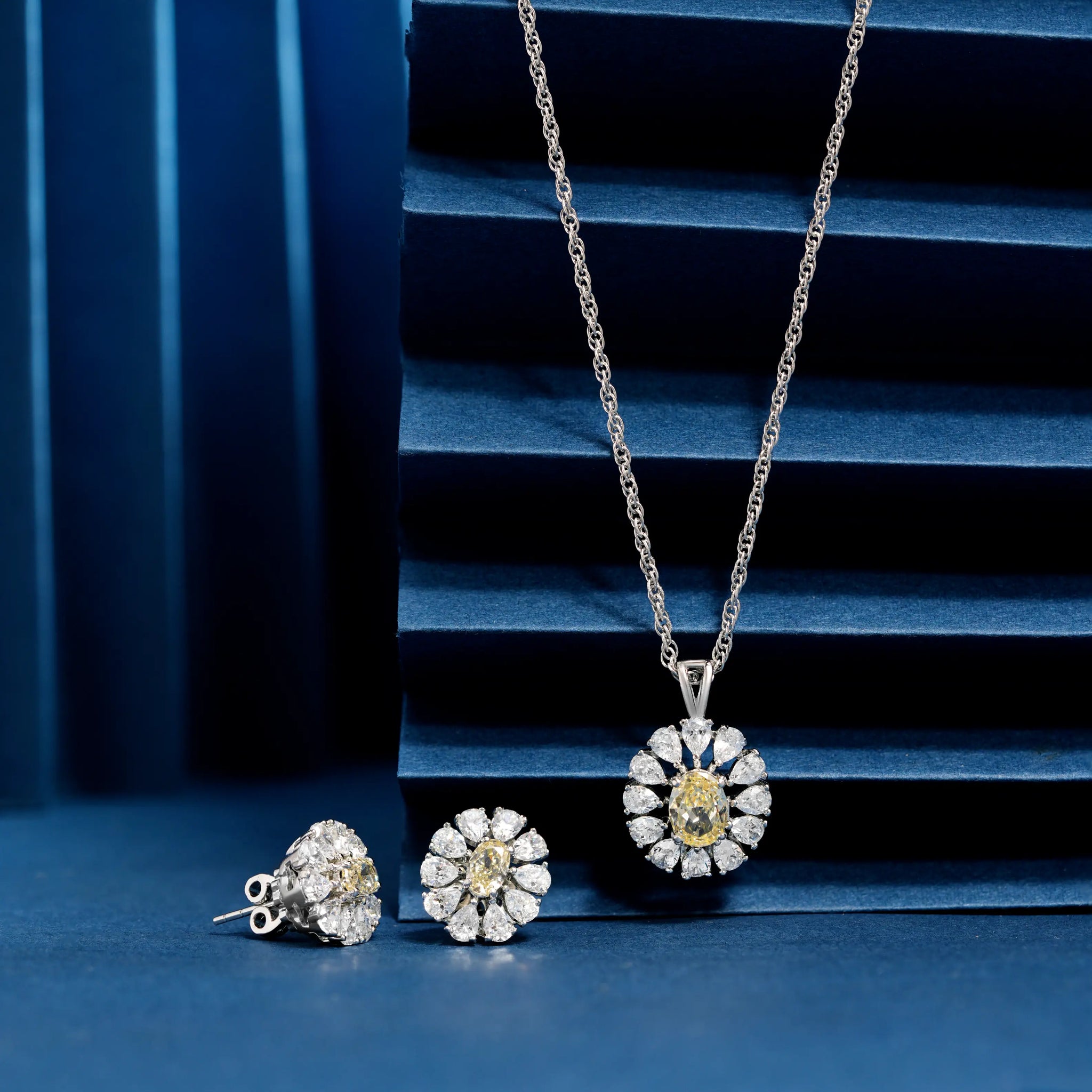 925 multi drop cut stone with single yellow chain p.set